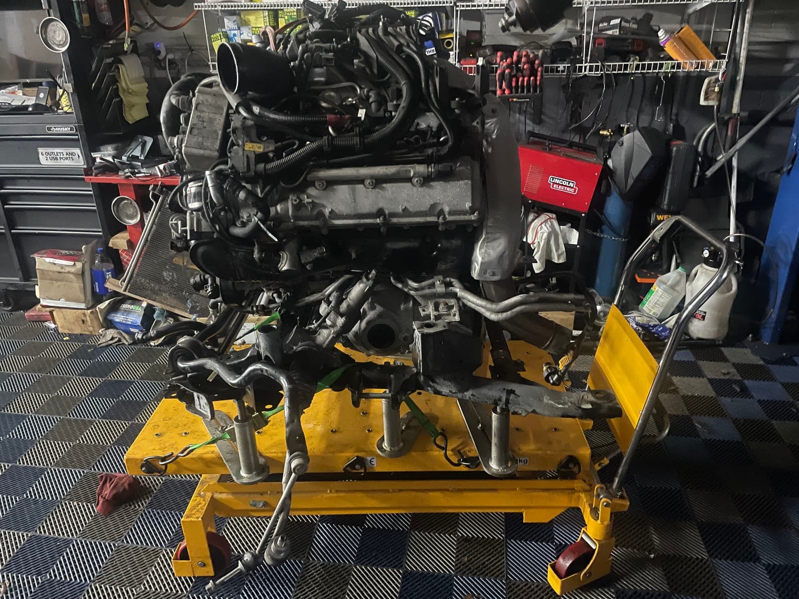 V8 engine on workshop cart